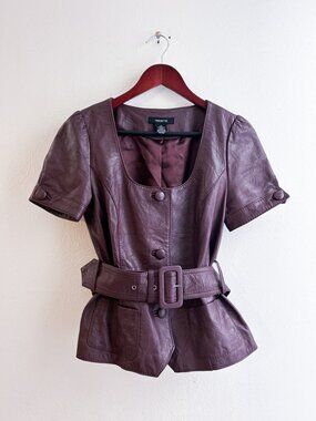 Vintage 90's Arden B 100% Leather Plum Peplum Puff Sleeve Belted Top